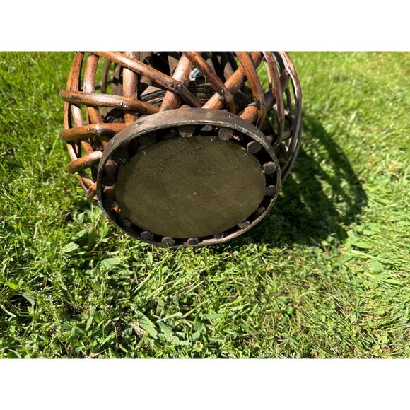 Rustic Boho MCM Bamboo Rattan Whicker & Glass Lantern With Rope Handle 16" Tall - Picture 7 of 15